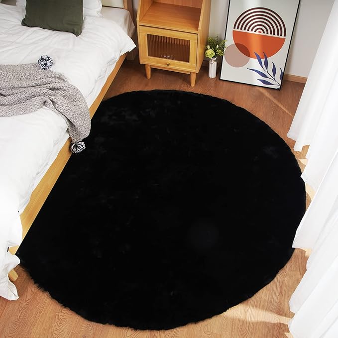 Ghouse Faux Rabbit Fur Round Rug 6ft Black Round Rugs for Bedroom Decor Fluffy Area Rugs for Living Room, no-Shedding Carpet Sheepskin Washable Rug Rome Decor