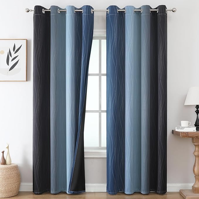 Estelar Textiler Black and Navy Blue Blackout Curtains for Sliding Door, Thermal Insulated Ombre Drapes 108 Inches Long, Full Room Darkening Energy Saving Curtains for Living Room,52Wx108L,2 Panels