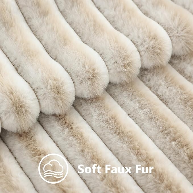 decorUhome Summer Cozy Faux Fur Throw Pillow Covers 12x20 Set of 2 Decorative Soft Plush Striped Lumbar Modern Farmhouse Boho Couch Pillow Cases with Velvet Back for Sofa Bed Living Room, Beige White