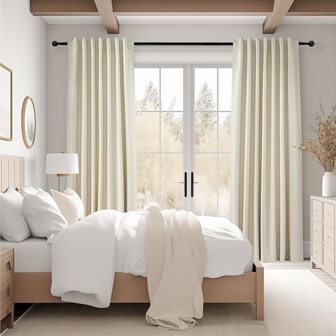 Topfinel Cream Ivory Blackout Curtains & Drapes 84 Inch Length, Beige Pinch Pleat Full Blackout Flax Linen Tab Top Soundproof Curtains with Hooks Rings for Bedroom Living Room Track 2 Panels Set