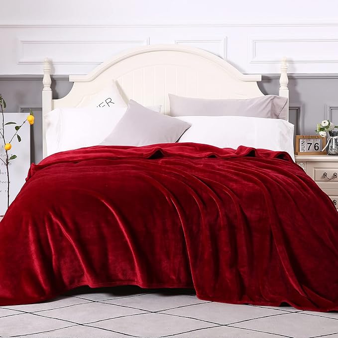 TASTHROW Large Flannel Fleece Throw Blanket, 90×108 Inch - Cozy Lightweight Thick Blanket - All Seasons Suitable for Women, Men and Kids (Burgundy)
