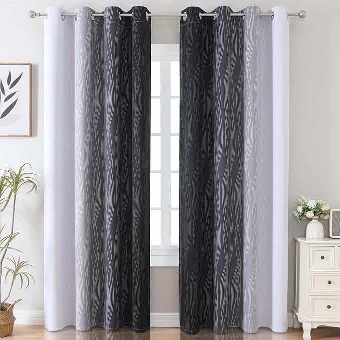 Estelar Textiler Thermal Insulated Blackout Curtains for Bedroom, Ombre Black and Greyish White Blackout Drapes for Living Room, Gradient Full Light Blocking Energy Saving Curtains, 52Wx96L, 2 Panels