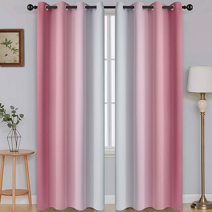 SimpleHome Ombre Room Darkening Curtains for Living Room, Light Blocking Gradient Pink to Greyish White Thermal Insulated Grommet Window Curtains/Drapes for Bedroom, 2 Panels, 52x84 inches Length