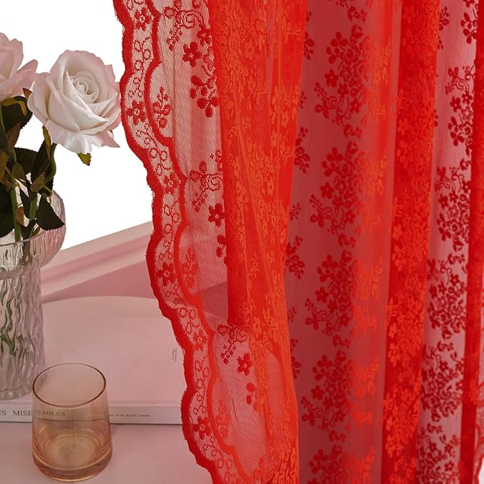 YJ YANJUN Vintage Lace Curtains 63 Inch Length 2 Panels Set Christmas Red Sheer Curtain Panels for Bedroom Winter Window Treatments for Holiday Living Room Dining Room Bedroom 52W x 63L