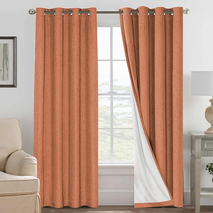 H.VERSAILTEX 100% Blackout Curtains for Bedroom Thermal Insulated Linen Textured Curtains Heat and Full Light Blocking Drapes Living Room Curtains 2 Panel Sets, Orange, 52x96 Inch