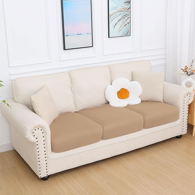 hyha Milk Silk Couch Cushion Covers, Soft Magic Sofa Covers Washable for 3 Cushion Couch, Stretch Sectional Outdoor Cushion Covers for Patio Furniture with Elastic Bottom(3 Packs, Camel)