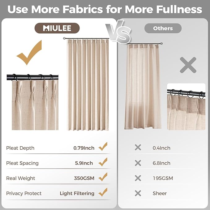 MIULEE Pinch Pleated Thick Linen Curtains 102 Inches Long 2 Panels for Living Room Bedroom, Linen Textured Drapes Pleat Back Tab Memory Trained Light Filtering Sand Beige Window Curtains with Hooks
