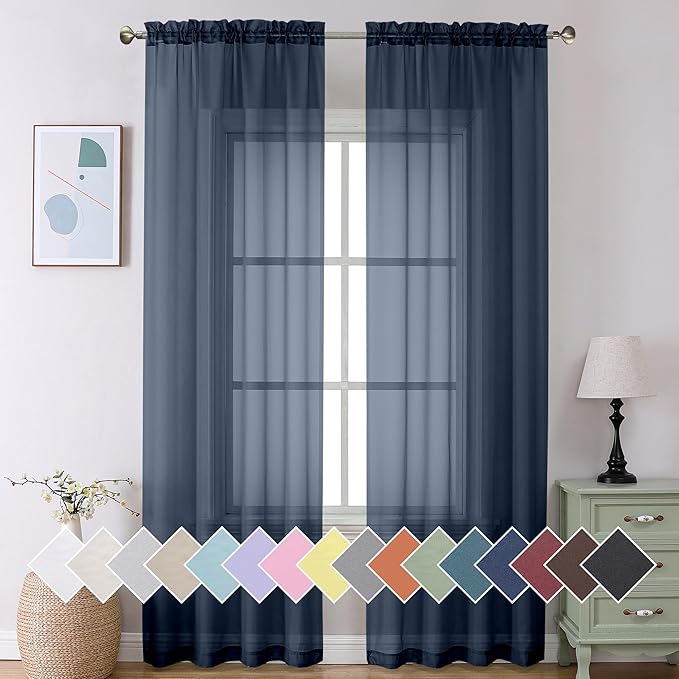 Aiyufeng 2 Piece Dark Blue Extra Long Sheer Curtains 120 Inch Length, Light Filtering Kitchen Curtain for Window, Voile Top Dual Rod Pocket, 2 x 40 W x 120" L