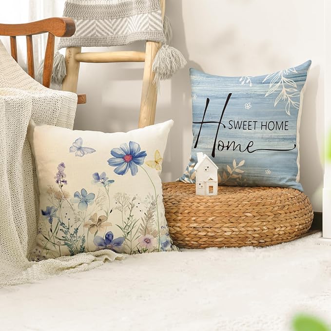 AVOIN colorlife Spring Saying Flowers Butterfly Bird Throw Pillow Covers, 18 x 18 Inch Home Sweet Home Blue Cushion Case for Sofa Couch Set of 4