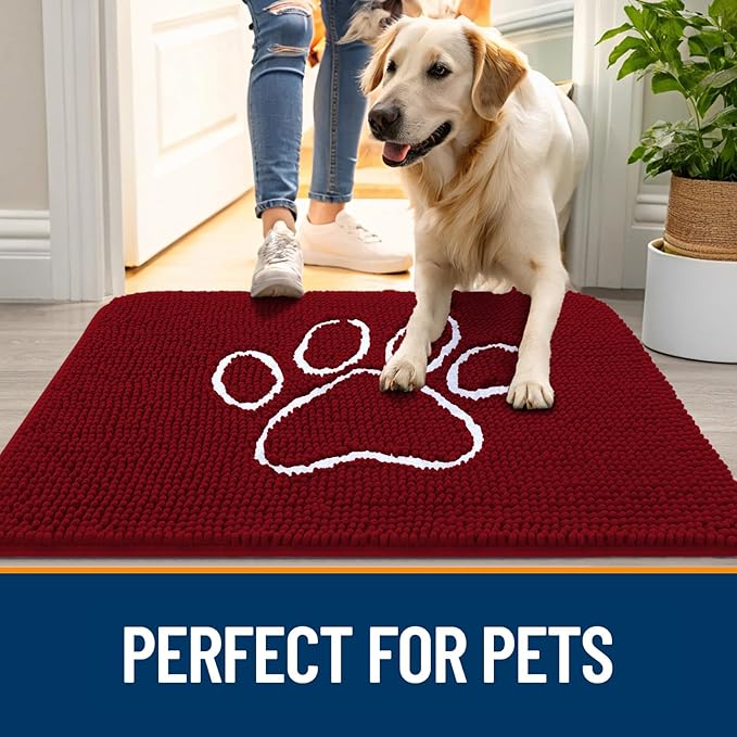 OLANLY Dog Door Mat for Muddy Paws 24x16, Paw Print Design, Absorbs Moisture and Dirt, Absorbent Non-Slip Washable Doormat, Quick Dry Chenille Mud Mat for Dogs, Entry Indoor Entryway Carpet, Red
