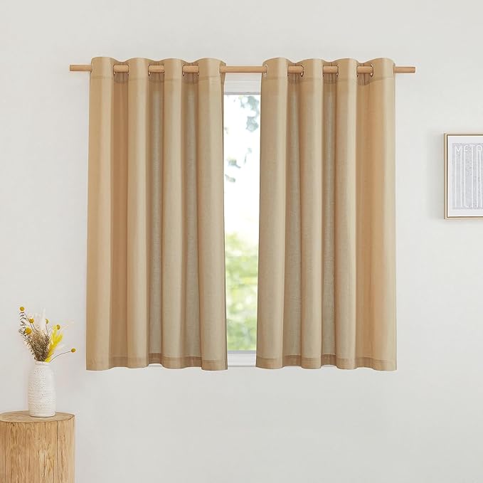 NICETOWN Semi Sheer Linen Burlap Curtains 54 inches Long, Grommet Thick Linen Curtains Privacy Added with Light Filtering Window Treatments for Cafe/Kitchen, 2 Panels, W55 x L54