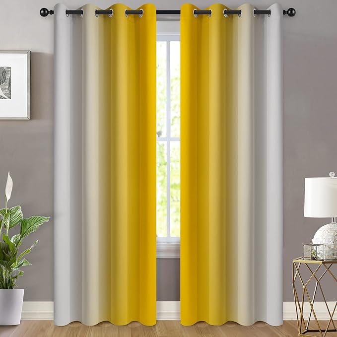 Yakamok Yellow Ombre Curtains 84 Inches Long, Light Blocking Gradient Color Curtain Panels, Room Darkening Grommet Window Drapes for Bedroom(52x84 Inch, 2 Panels)