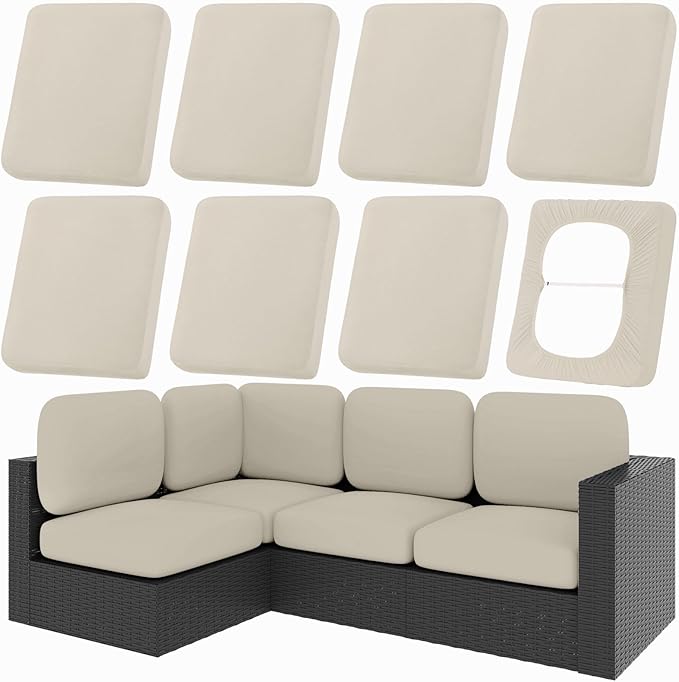 hyha 8Pcs Patio Cushion Covers, Stretch Outdoor Couch Cushion Covers Replacement, Washable Outdoor Chair/Sofa Slipcovers for Patio Furniture Cushions Protector with Elastic Bottom(Taupe,Cover Only)