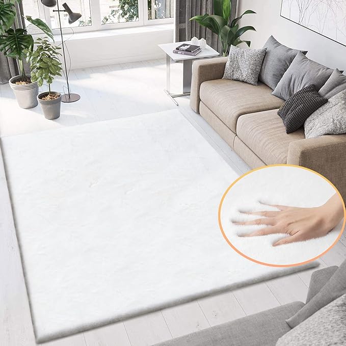 ORINOVA White Faux Fur Rug 5x8 Rugs for Living Room Shag Washable Area Rug Fuzzy Rugs for Bedroom Girl Room Decor Rectangle Rug