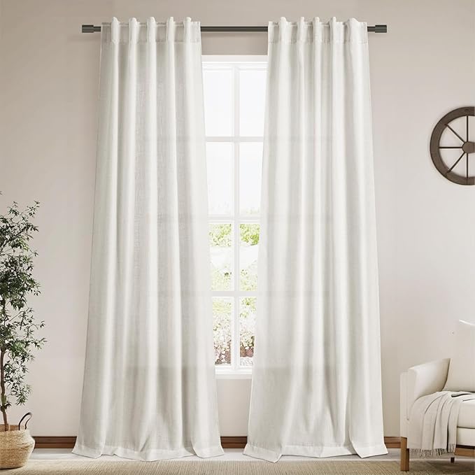 Cream Semi Sheer Linen Curtains 102 Inch Long Curtains Back Tab Rod Pocket 2 Panels Set Natural Elegant Living Room Decor Sunlight Filtering Solid Color Drapes for High Window 40x102