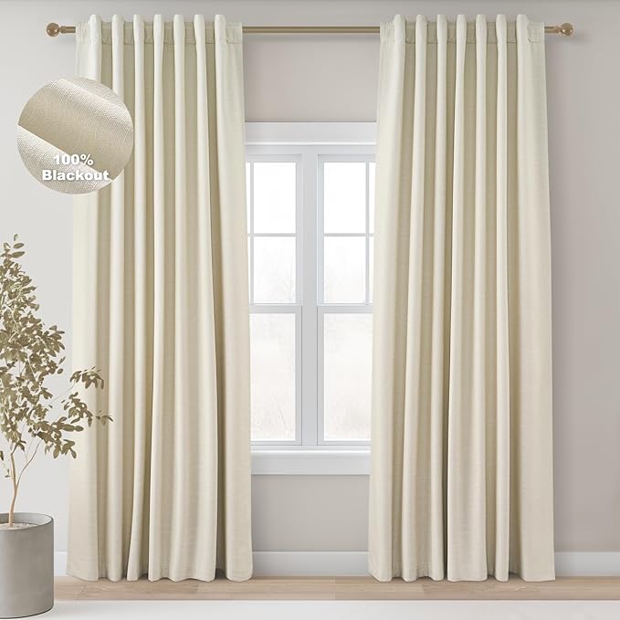 Topfinel 92 Inches Long Custom Black Out Drapery Panels, Rustic Burlap Textured Opaque Pleated Window Coverings, Kids Cream Boho Heat Blocking Back Tab Curtains for Sunroom Bay Window
