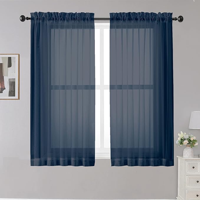 OWENIE Sheer Curtains - Navy 45" Long, Light Filtering Tiers for Kitchen, Bedroom, Basement, Short Curtains Panels Rod Pocket, Cafe Curtains for Small Window, 42" W x 45" L