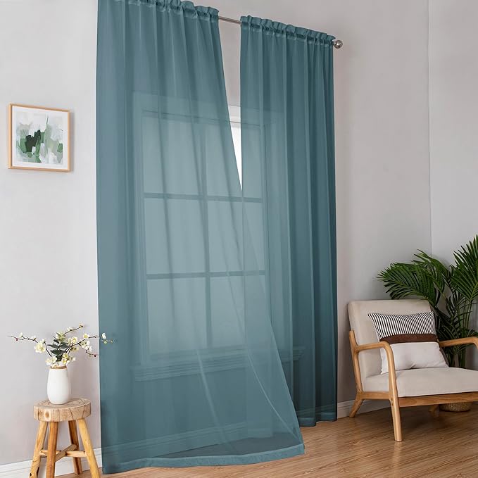 OWENIE Sheer Curtains 96 inches Long for Bedroom Living Room 2 Panels Set, Farmhouse Rod Pocket Light Filtering Voile Sheer Curtain, 42Wx96L inch, Dusty Blue