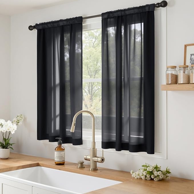 MIULEE Black Sheer Curtains 63 Inches Long, 4 Panels Set, Light Filtering Halloween Rod Pocket Voile Drapes for Living Room and Bedroom, Airy Soft Fabric Window Treatments, 42 x 63 Inches