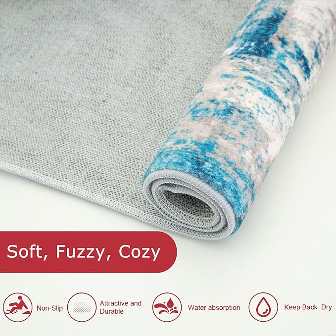 KOZYFLY Modern Abstract Area Rugs 8x10 Turquoise/Beige/Grey/Yellow Machine Washable Thin Rug for Bedroom Non-Slip Living Room Rug, Faux Wool Soft Low Pile Carpet for Dining Room, Bedroom, Bathroom