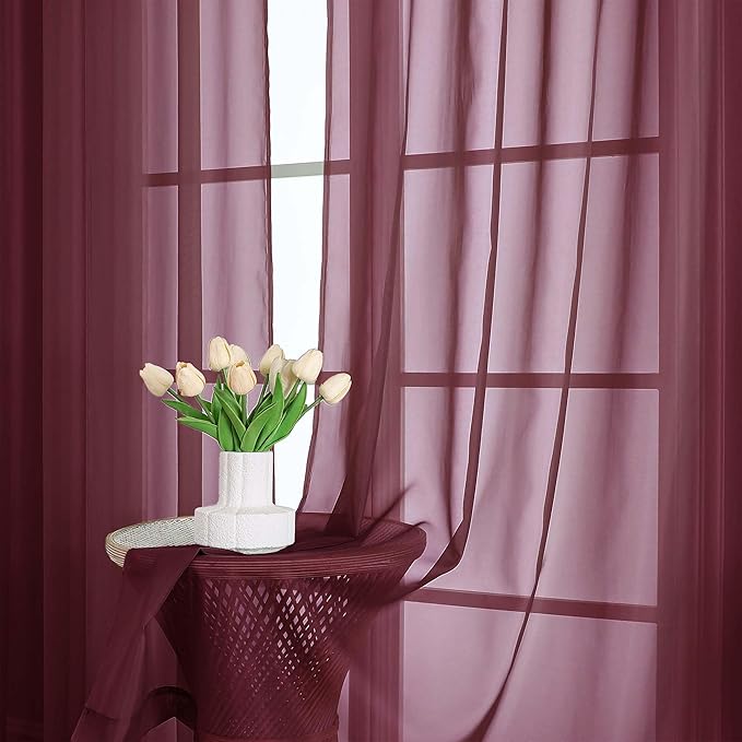 OWENIE Sheer Curtains 2 Panels Set for Bedroom Living Room, Soft Solid Rod Pocket Light Filtering Window Treatment, 2Pcs Each 59" W x 108" L, Burgundy Wine