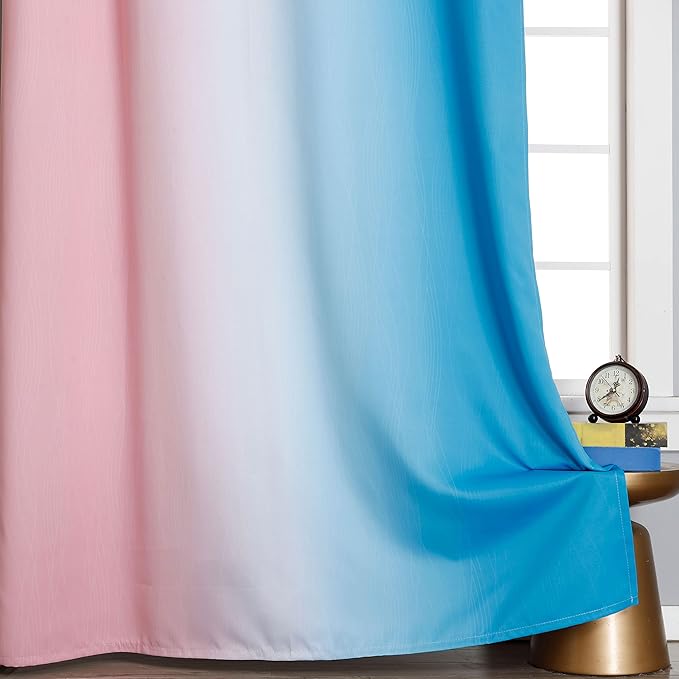 Estelar Textiler Pink and Blue Curtains 63 Inch Length 2 Panels, Ombre Total Blackout Curtains for Bedroom, Grommet Thermal Insulated Gradient Blackout Drapes for Kids Room, 42x63 Inch
