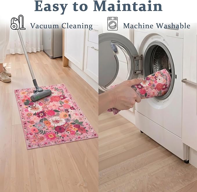 Pink Area Rugs 24x17 Inch Home Decor Entry Rug, Small Door Mat Bath Mats for Bathroom, Ultra-Thin Non Slip Floral Low Pile Tub Mat for Sink Shower Doorway Tub Kitchen Sink(2 x 1.4, Pink Garden)