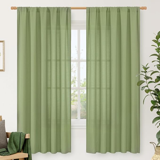 LAMIT Sage Green Linen Curtains 72 inches Long for Living Room, Soft Thick Semi Sheer Light Filtering Rod Pocket Privacy Window Treatments Drapes for Bedroom, 2 Panels Set, 52 x 72 Inch