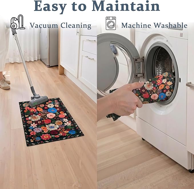 Black/Brown 24x17 Inch Home Decor Entry Rug, Small Door Mat Bath Mats for Bathroom, Ultra-Thin Non Slip Floral Low Pile Tub Mat for Sink Shower Doorway Tub Kitchen Sink(2 x 1.4 ft, Black/Brown)