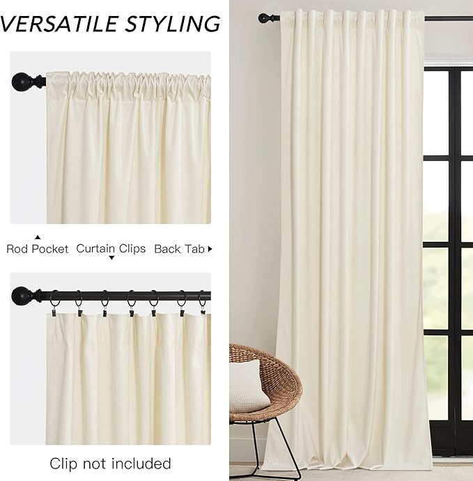 RYB HOME Cream Velvet Curtains 108 inch, Light Dimming White Window Curtains for Living Room Thermal Insulated Privacy Backdrop with Pleat Tape on Top for Bedroom, Ivory, W52 x L108 inch, 2 Panels