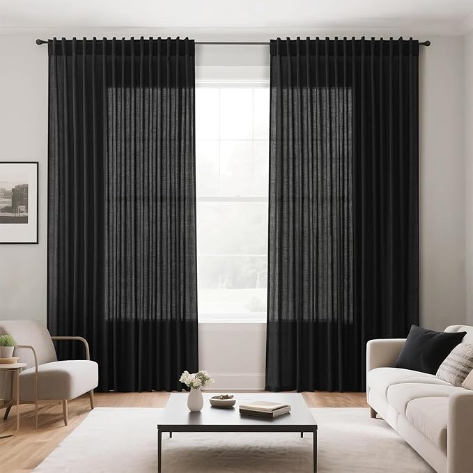 Nanspring Extra Long 108 Inch Curtains Linen for Living Room Black Simple Modern Privacy Curtains Back Tab Rod Pocket Long Semi Sheer Curtain Drapes for Bedroom 9Ft 60x108