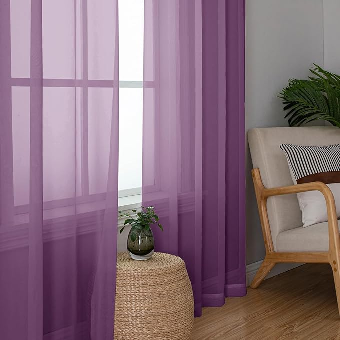 Aiyufeng Plum Purple Sheer Curtains 63 Inches Long 2 Panels Set, Solid Voile Top Dual Rod Pockets Stylish Breathable Drapes Window Treatment for Kid's Room/Bedroom/Living Room, 40W x 63L inches