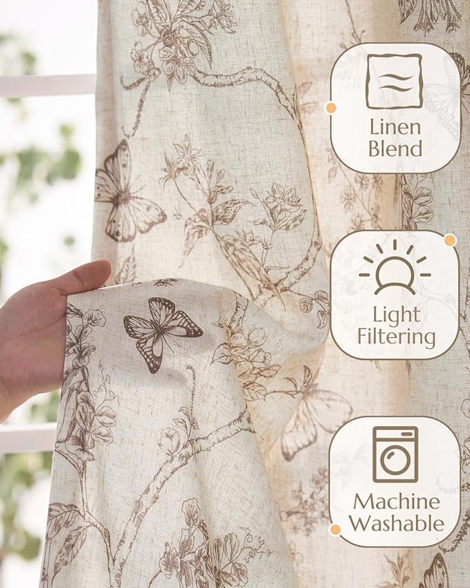 jinchan Floral Linen Curtains for Living Room 84 Inch Length Butterfly Curtain Taupe Floral Curtains French Country Farmhouse Curtain Flower Patterned Drapes Window Treatment Set 2 Panels
