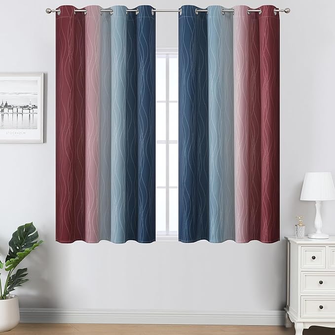 Estelar Textiler Navy Blue and Burgundy Red Ombre Blackout Curtains 45 Inches Long, Room Darkening Gradient Drapes for Kitchen, Thermal Insulated Grommet Curtains for Short Window,52Wx45L,2 Panels