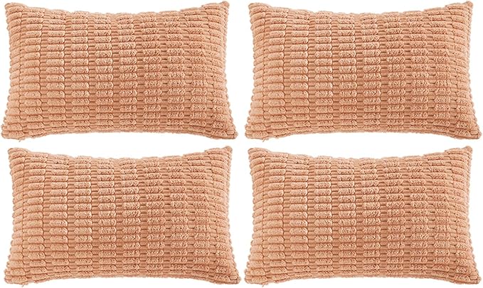 Fancy Homi 4 Packs Peach Decorative Throw Pillow Covers 16x24 Inch for Living Room Couch Bed, Rustic Modern Farmhouse Boho Home Decor, Soft Plush Corduroy Cute Square Accent Cushion Case 40x60 cm