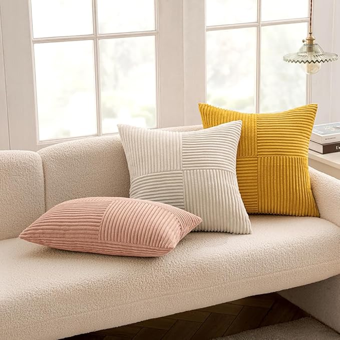 MIULEE Mustard Yellow Decorative Lumbar Throw Pillow Covers 12x20 Inch for Couch Bed Sofa Pack of 2 Boho Farmhouse Throw Pillows Soft Cross Corduroy Patchwork Textured Cushion Cases