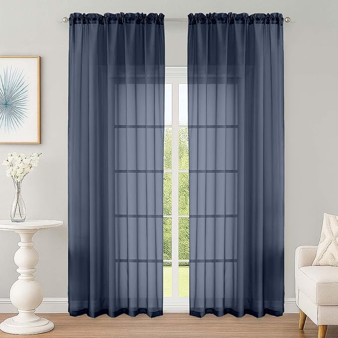 OWENIE Navy Blue Sheer Curtain 90 Inches Long 2 Panels Set, Solid Filmy Drapes for Living Room Bedroom, Elegant Window Voile Sheer Curtain Panels Drapes, 2 Pcs, Each 59" Wx90 L Inch