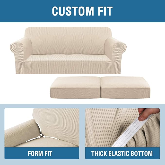 H.VERSAILTEX 3 Piece Stretch Sofa Covers for 2 Cushion Sofa Couch Covers for Living Room Sofa Slipcovers (Base Cover Plus 2 Seat Cushion Covers) Thicker Jacquard Fabric(Large Sofa, Natural)