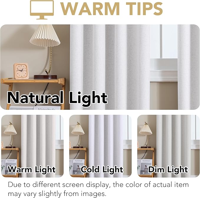 H.VERSAILTEX Linen Curtains 100% Blackout Curtains for Bedroom 108 inch Long Full Light Blocking Nature Linen Blended Window Curtains for Living Room Nickel Grommet (2 Panels, Heathered White)