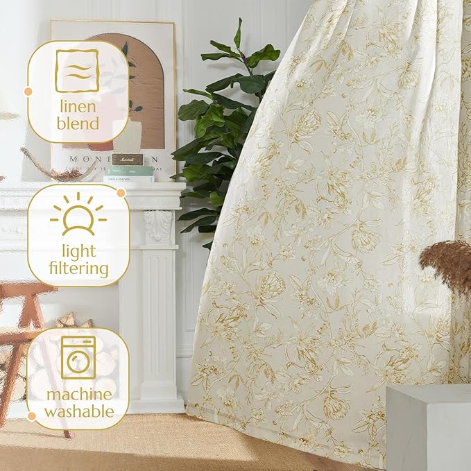 jinchan Floral Curtains 96 Inches Long Mustard Yellow Flower Linen Farmhouse Curtain for Living Room French Country Vintage Curtain Rod Pocket Curtains Set 2 Panels Floral Printed