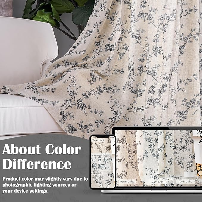 Lazzzy Farmhouse Linen Curtains Extra Long Black Floral Curtains 108 Inch Length Back Tab Drapes for Living Room Bedroom Light Filtering Country Vintage Rod Pocket, 2 Panels, Black on Beige