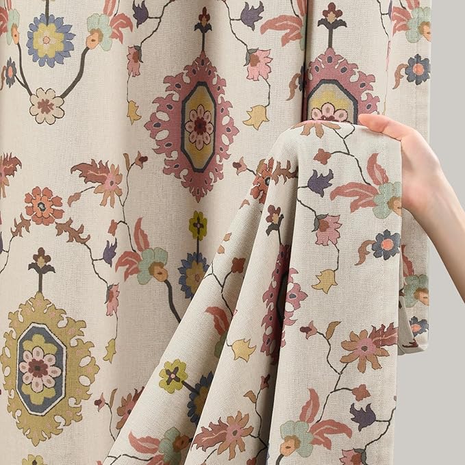 Boho Floral Blackout Curtains for Living Room, Beige Linen Textured Drapes with Colorful Bohemian Print 84 Inches Long 2 Panels Set Vintage Farmhouse Rustic Window Curtains Grommet Top