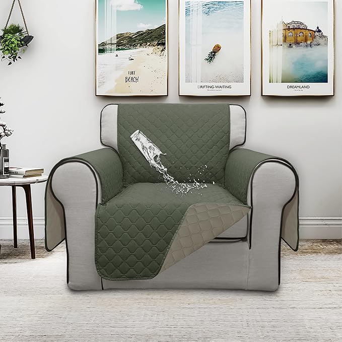 ISSUNTEX Double Protection 100% Waterproof Chair Sofa Covers for Living Room, Reversible Furniture Protector for Dogs, Pets, Kids (Chair, Greyish Green/Beige)
