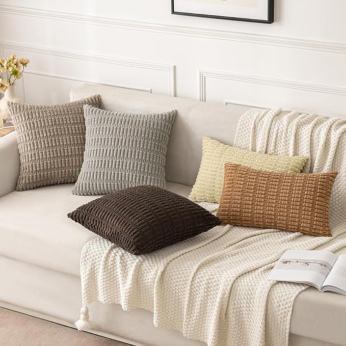 MIULEE Pack of 2 Corduroy Decorative Throw Pillow Covers 20x20 Inch Soft Boho Striped Pillow Covers Modern Farmhouse Home Decor for Sofa Living Room Couch Bed Brown