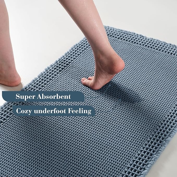 RESARE Waffle Bathroom Runner Rugs, Super Absorbent Bath Mat Non Slip Washable Quick Dry, Upgraded Ultra Soft Boho Bath Rugs with Tassels for Hallway Bedroom Laundry Room, 2'x5'(24"x60"), Blue