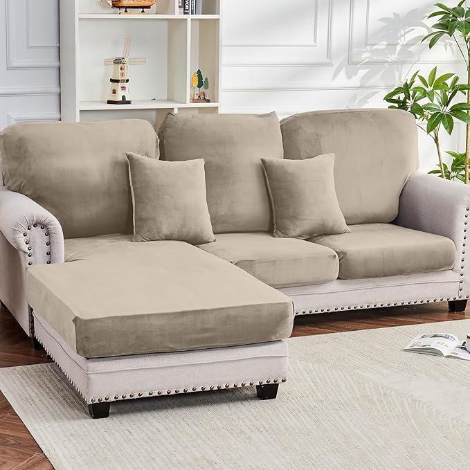 Couch Cover 6-Piece Elastic Velvet Couch Cushion Covers & Chaise Slipcovers for L-Shaped Sofas - Sofa Seat Covers Washable, Soft Protector for Couches (5 Seater + Chaise, Taupe)