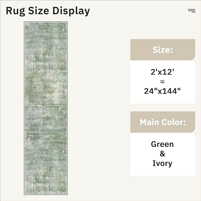 Runner Rug 2x12 Washable Non-Slip Hallway Runner Rugs for Kitchen Bathroom Laundry Room Green/Ivory Vintage Floor Carpet Runners for Hallways Entryway