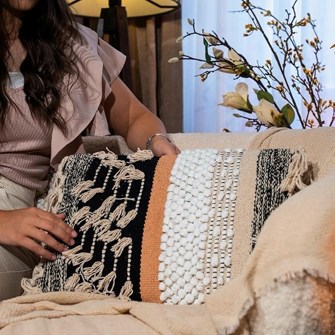 Decorative Boho-Chic Premium Pillow Cover 12x20 Handwoven Tufted Cotton Lumbar Accent Pillows, Neutral Earthly Color Throw Cushion, Farmhouse & Bohemian Home Decor (no Insert)