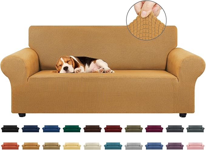 KEKUOU Stretch Loveseat Sofa Cover Slipcover,Couch Covers for 2 Cushion Couch Sofa (55"-78") Furniture Protector Sofa with Elastic Bottom for Kids,Dog. Jacquard Small Checked (Medium,Golden)