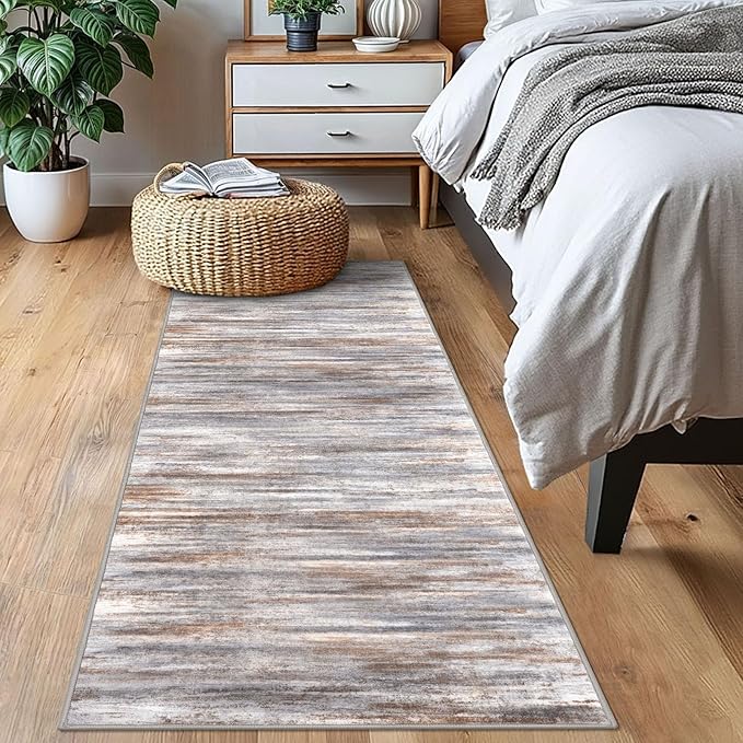 KOZYFLY Modern Abstract Kitchen Runner Rug, 2x6 Washable Rug Runner Non-Slip Soft Striped Hallway Runner Rugs, Grey Brown Print Carpet Runner for Entryway Bathroom Laundry Room Foyer